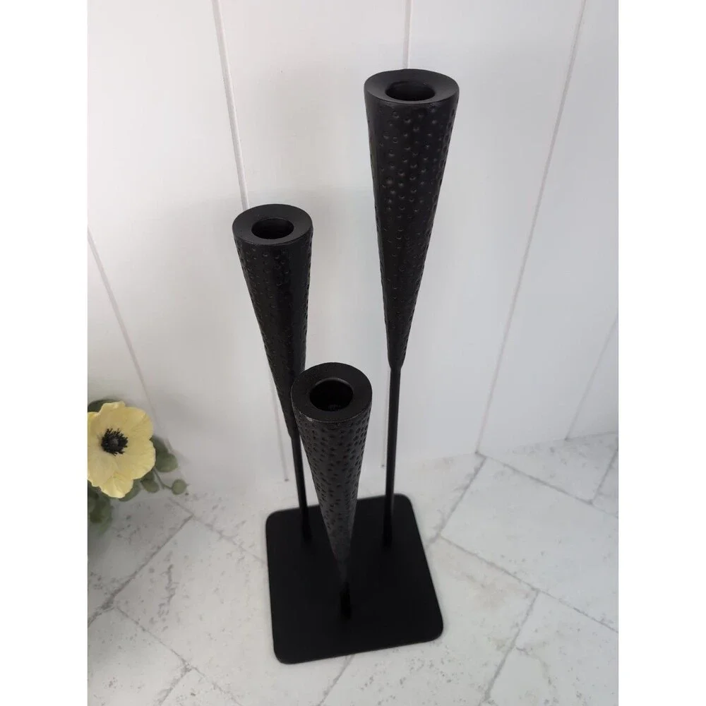 Mid-Century Modern Brutalist 3 Triple Candle Holder Candelabra Dimpled Metal 18”